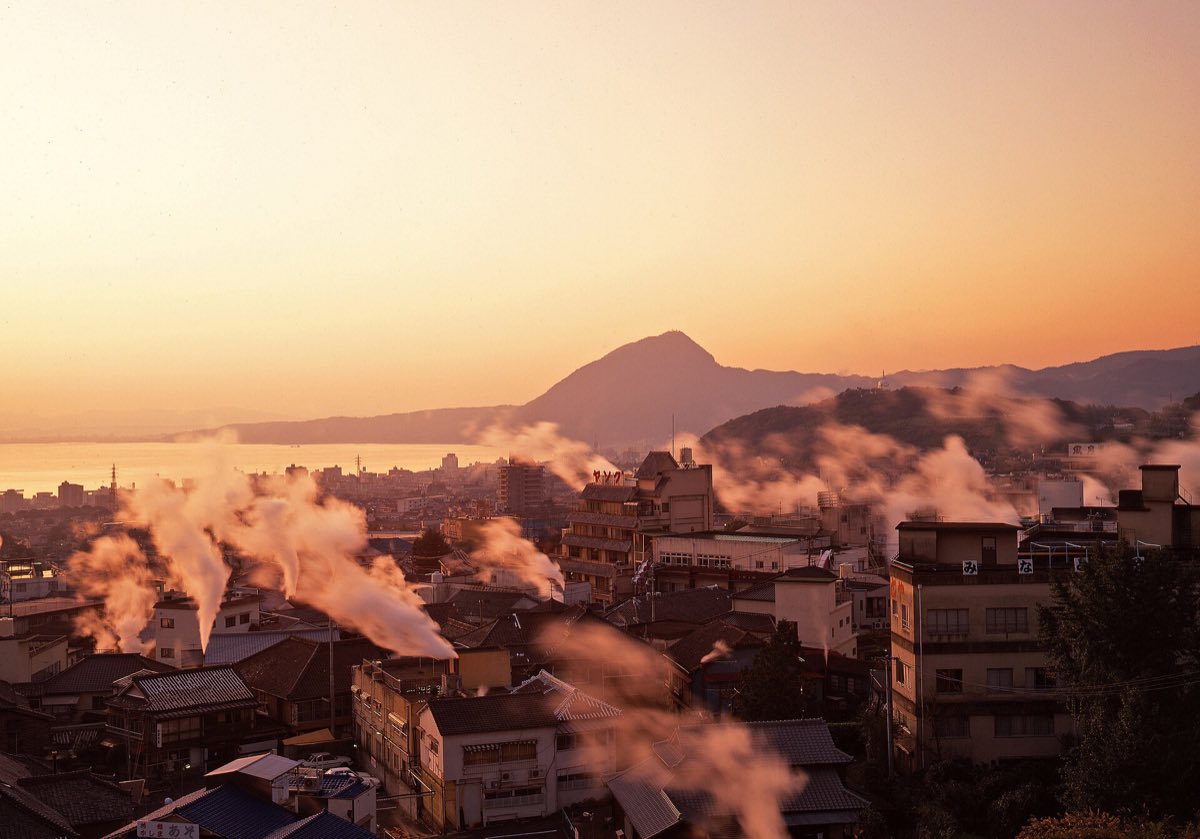 Steam rising from the hot-spring vents of Beppu, Oita Prefecture