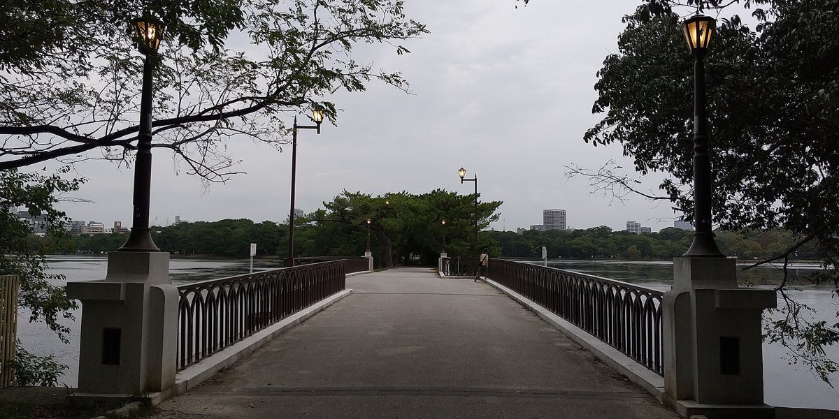 Satsuki Bridge crossing the lake in Ohori Park, Fukuoka